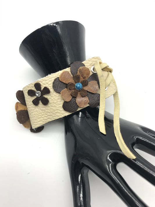 Handmade leather bracelet with leather flowers