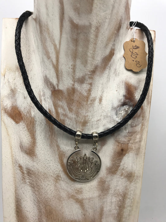 Handmade leather necklace with lotus flower pendant