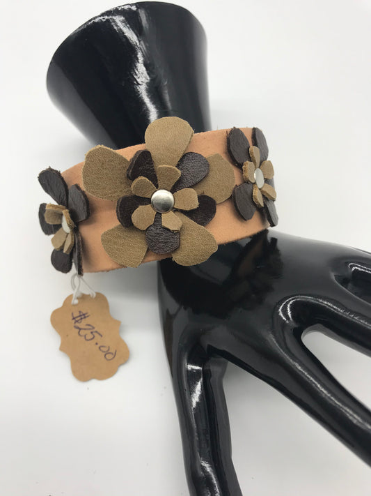 Handmade leather cuff bracelet with flowers